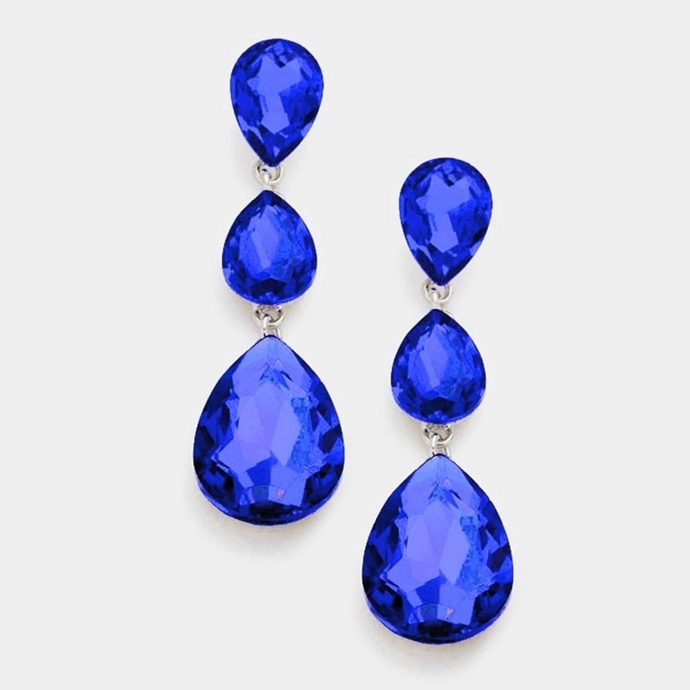 Sapphire Blue Dangle Crystal Earrings 2.75 Inch Triple Tear Drop Jewelry